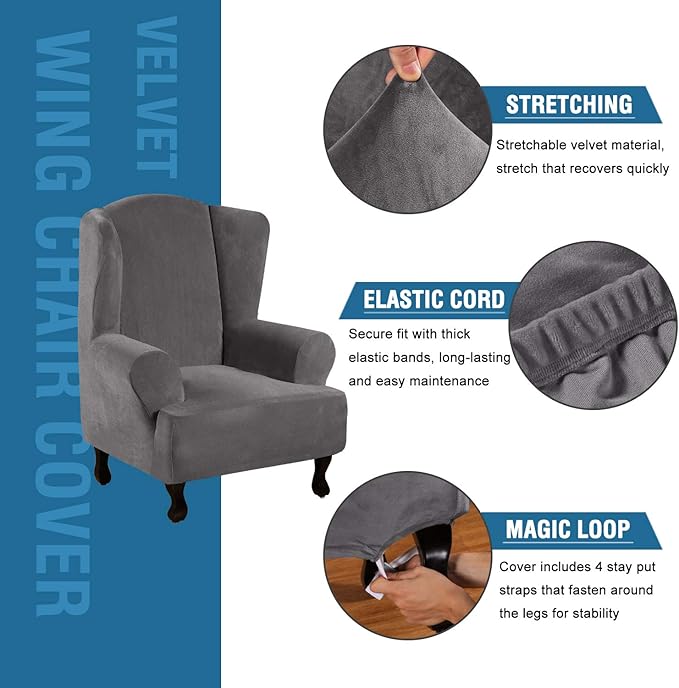 H.VERSAILTEX Wingback Chair Covers Velvet Plush Wing Chair Slipcover 1 Piece - Image 2