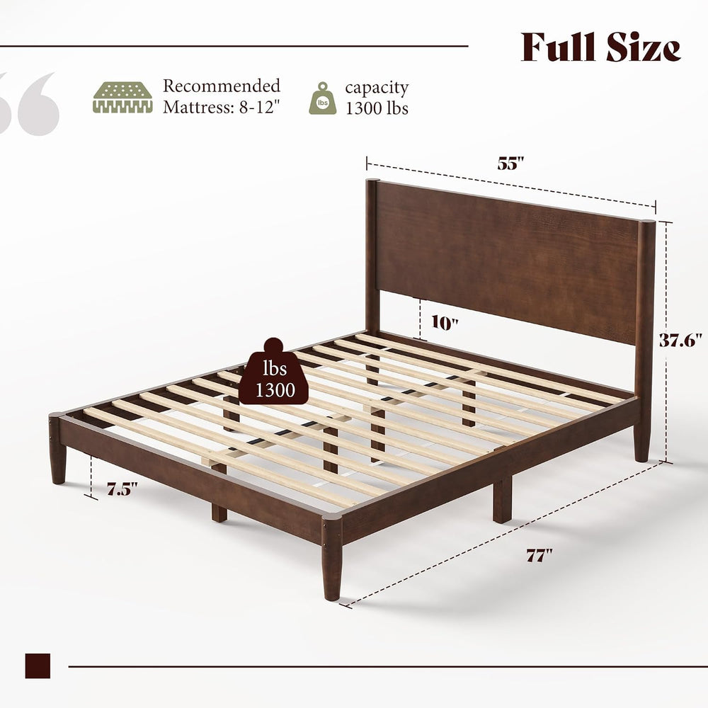 AMERLIFE Solid Wood Full Bed Frame, Mid Century Bed with Headboard, Walnut