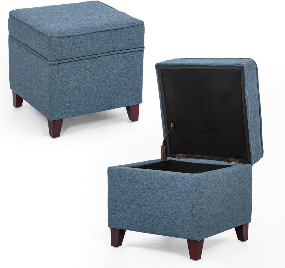 Adeco 17" Square Ottoman with Storage, Small Blue Storage Ottoman Foot R...
