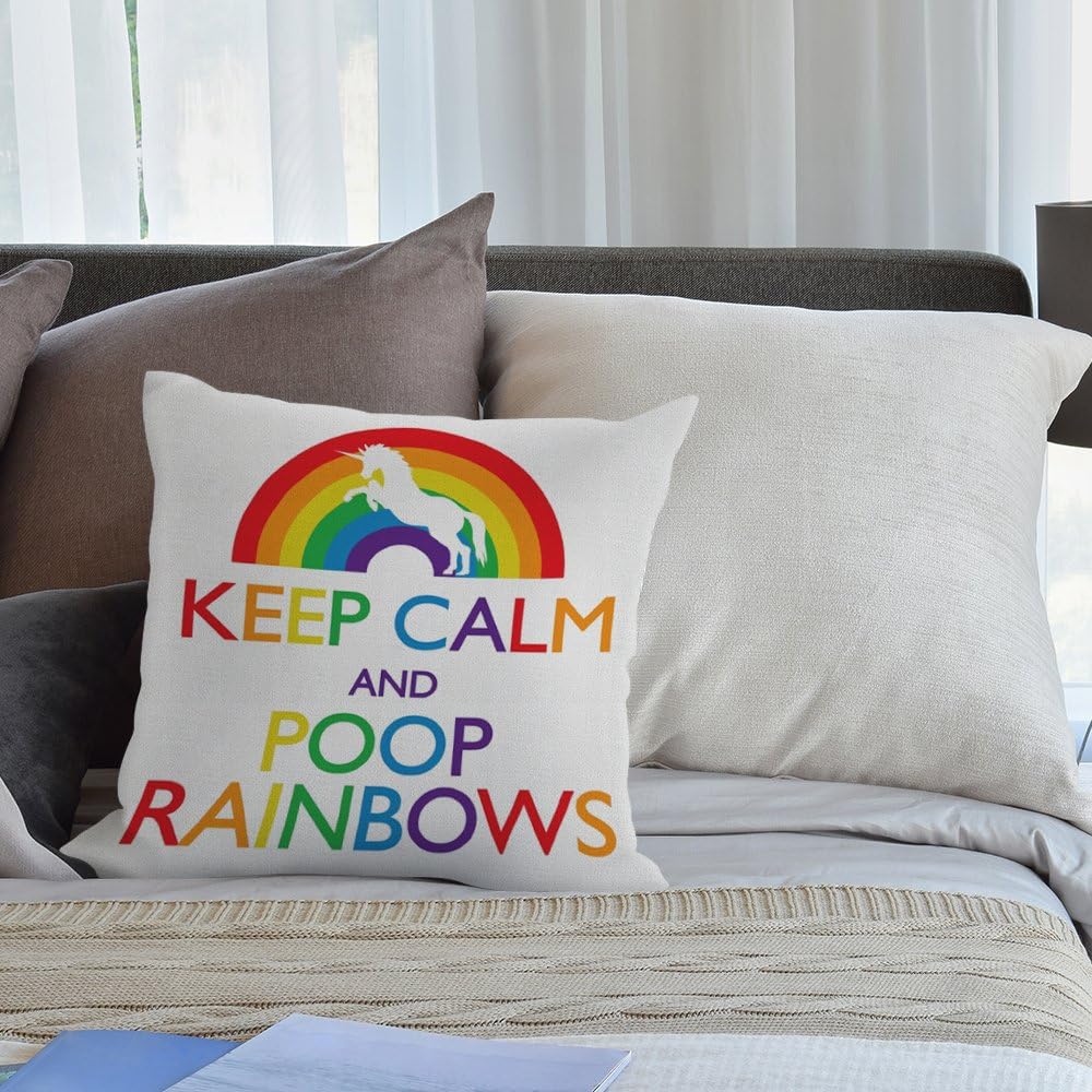 HGOD DESIGNS Throw Pillow Case Keep Calm and Poop Rainbows Unicorn Cotton Linen Square Cushion Cover Standard Pillowcase for Men Women Home Decorative Sofa Bedroom Livingroom 18 x 18 inch