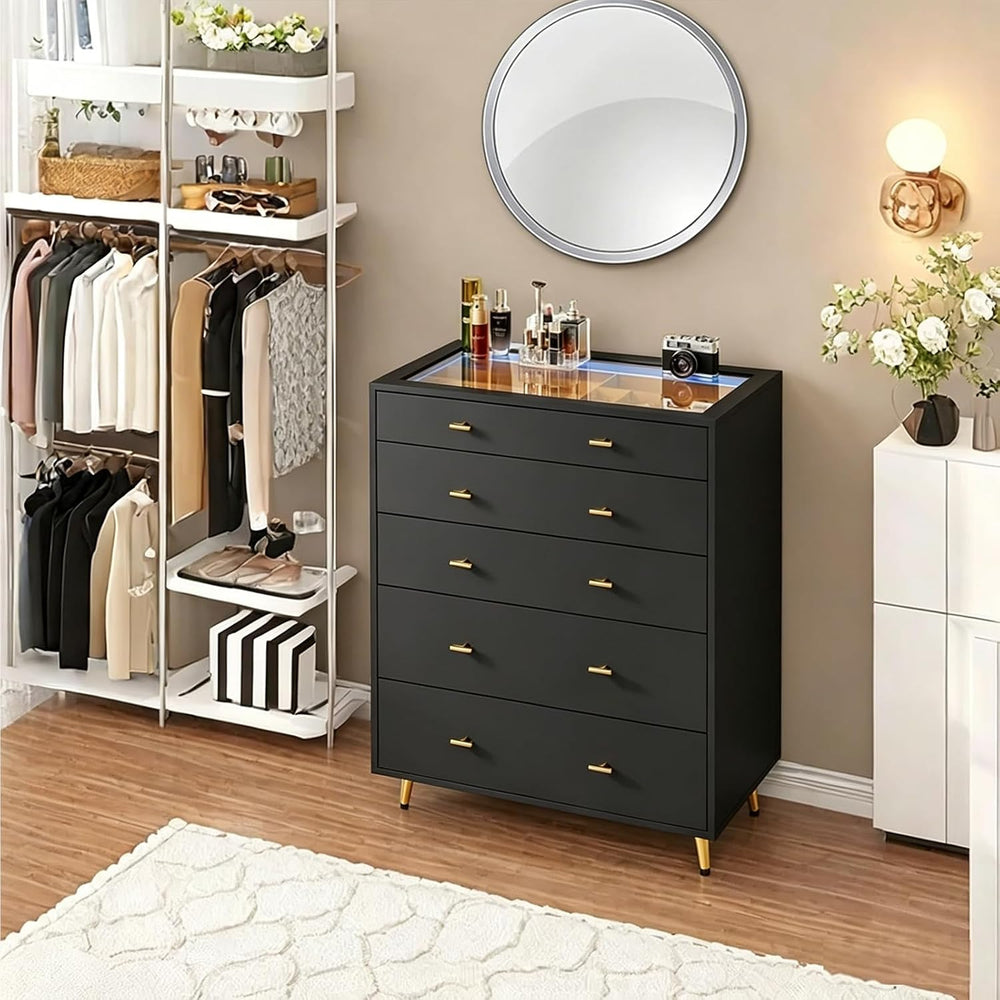 Closet Island with Drawers, Glass Top, LED Lights, Black