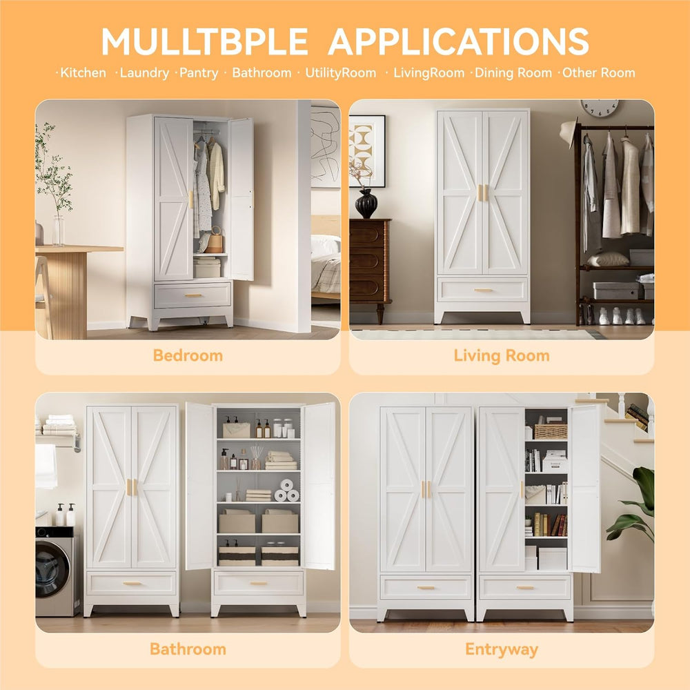 COFaR 71 Farmhouse Metal Wardrobe Closet with Hanging Rod, 2 Barn Doors, Adju...