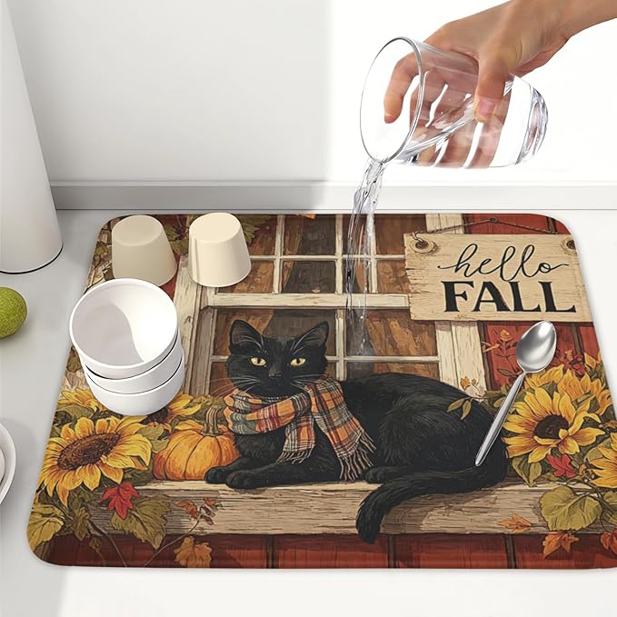 Fall Dish Drying Mat for Kitchen Counter Vintage Autumn Cat Sunflower Pumpkin - Image 6