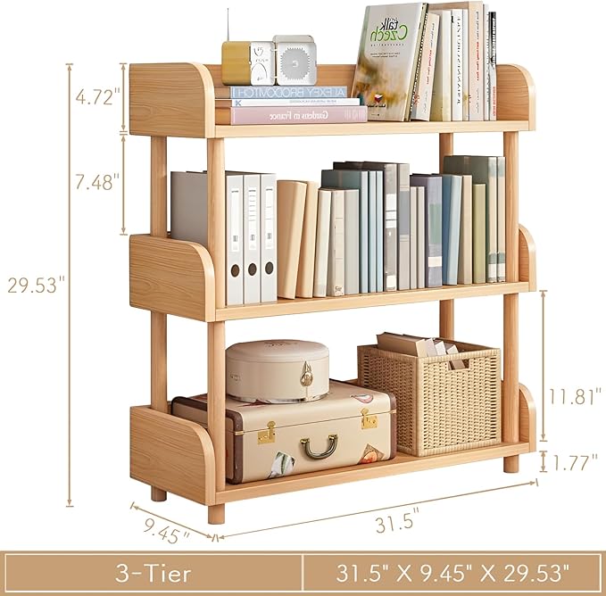 3-Tier Wooden Open Bookcase - Modern Display Bookshelf with Top Edge and Soli...
