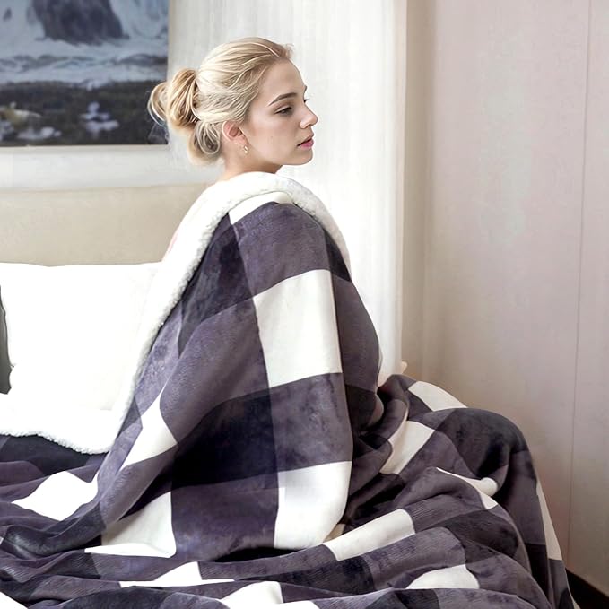 PU MEI Sherpa Blanket Fleece Throw Blanket Full Queen Plaid Thick Bed Blanket - Image 2