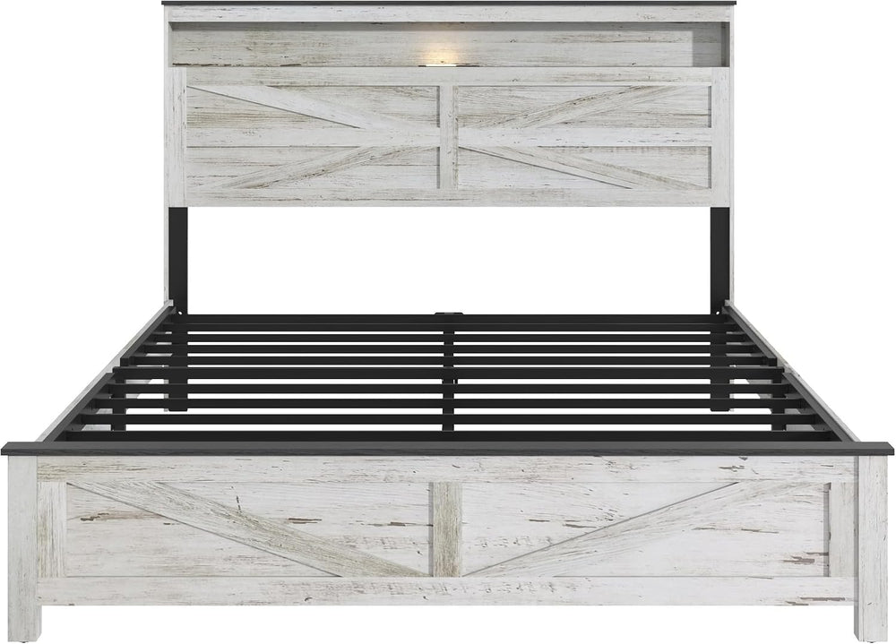 Full Size Farmhouse Wooden Bed Frame with Storage Headboard