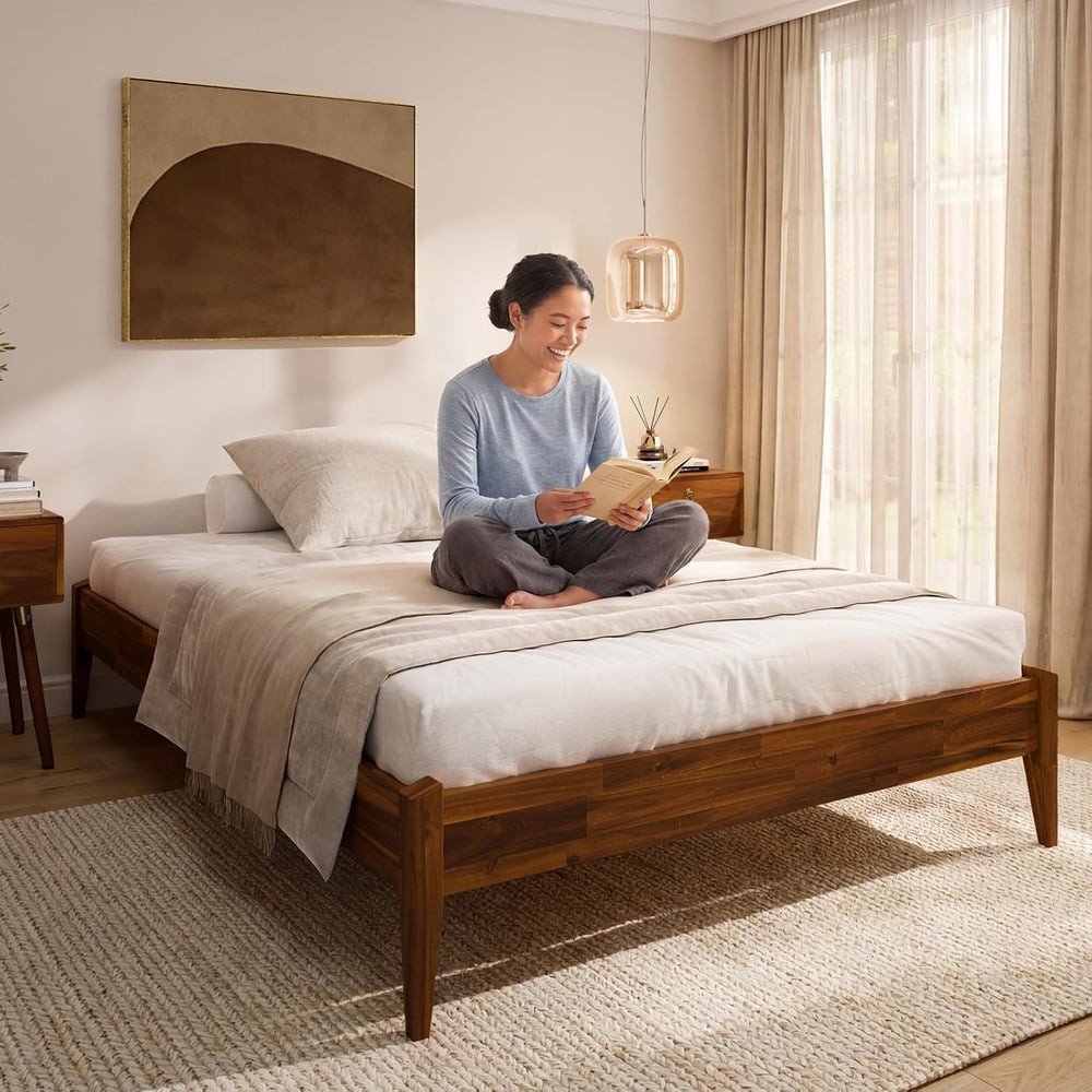 Bme Dinkee 15" Wood Full Bedframe, No Headboard, Japanese, Dark Chocolate