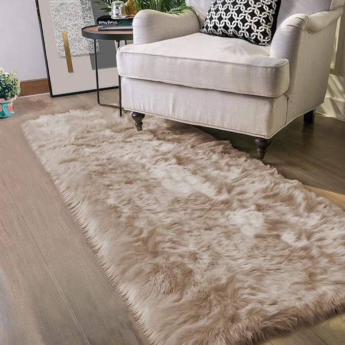Latepis Brown Beige Faux Sheepskin Fur 2x8 Runner Rug by Latepis