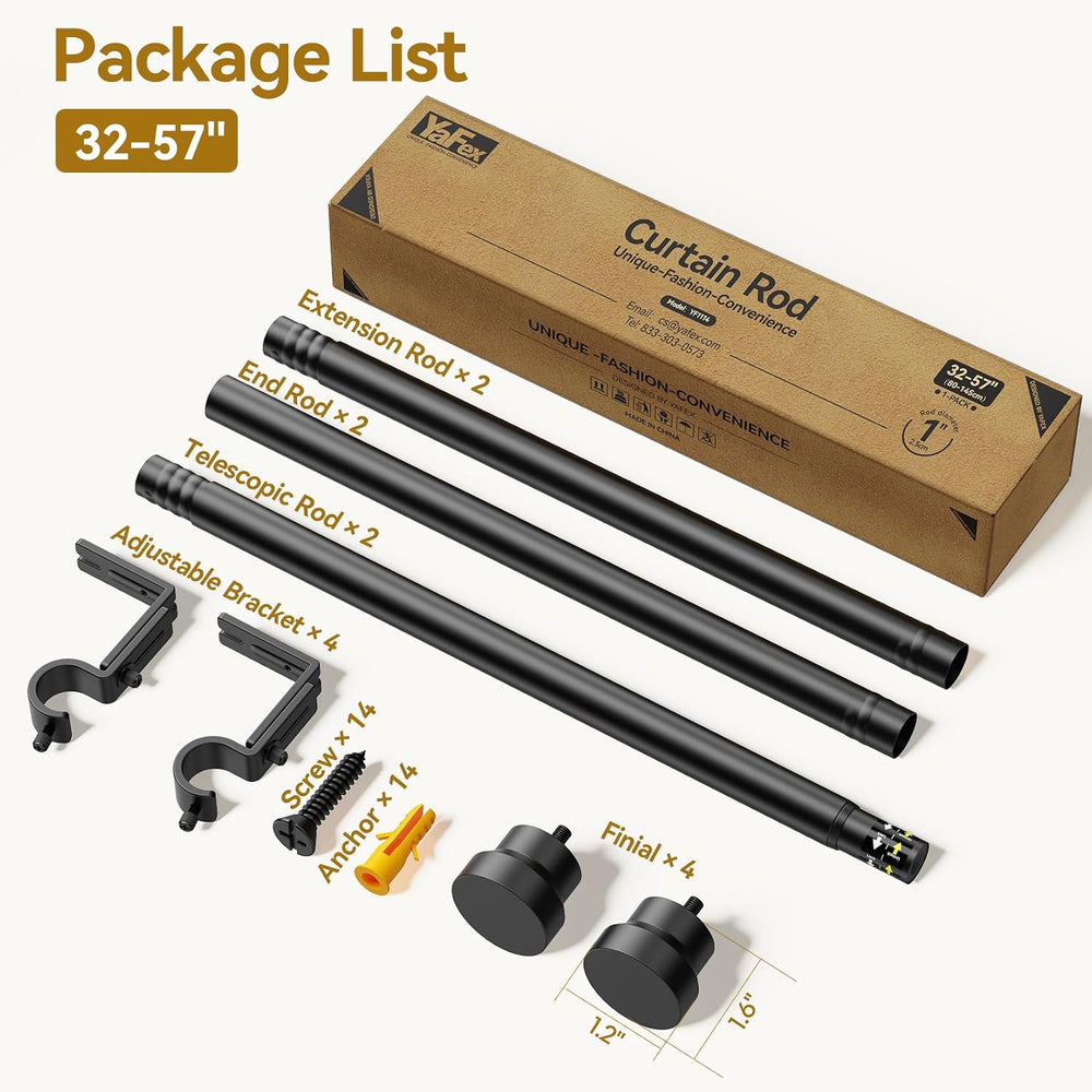 YaFex Curtain Rods 2 Pack 32-57 Inch, Heavy Duty 1 Inch Curtain Rod, Black Sh...