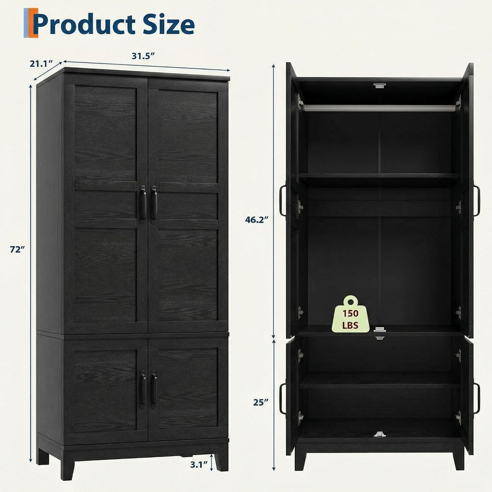 IDEALHOUSE Armoire Wardrobe Closet with 4 Doors, 72" Tall Wooden Clothin...