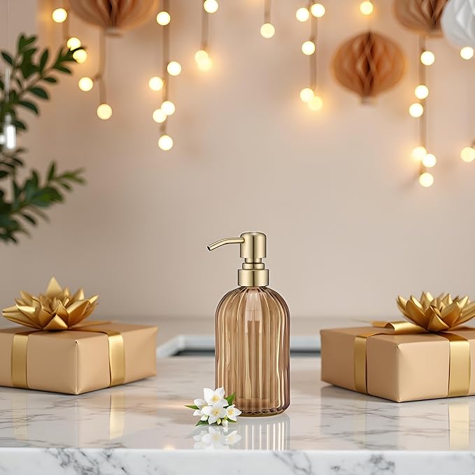 16 OZ Amber Glass Soap Dispenser, Amber Stripe Bathroom Hand Soap Dispensers - Image 8