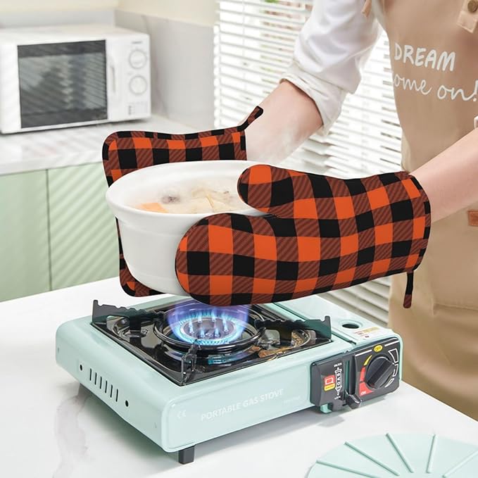 Buffalo Plaid Black and Orange Oven Mitts and Pot Holders Set - Image 6