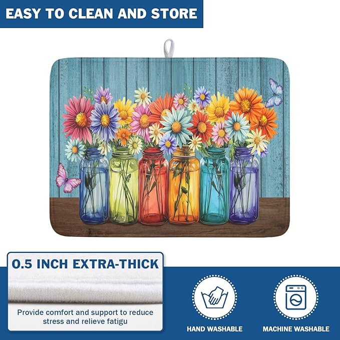 Vintage Floral Dish Drying Mat for Kitchen Counter Rustic Flower Vases Wooden - Image 5