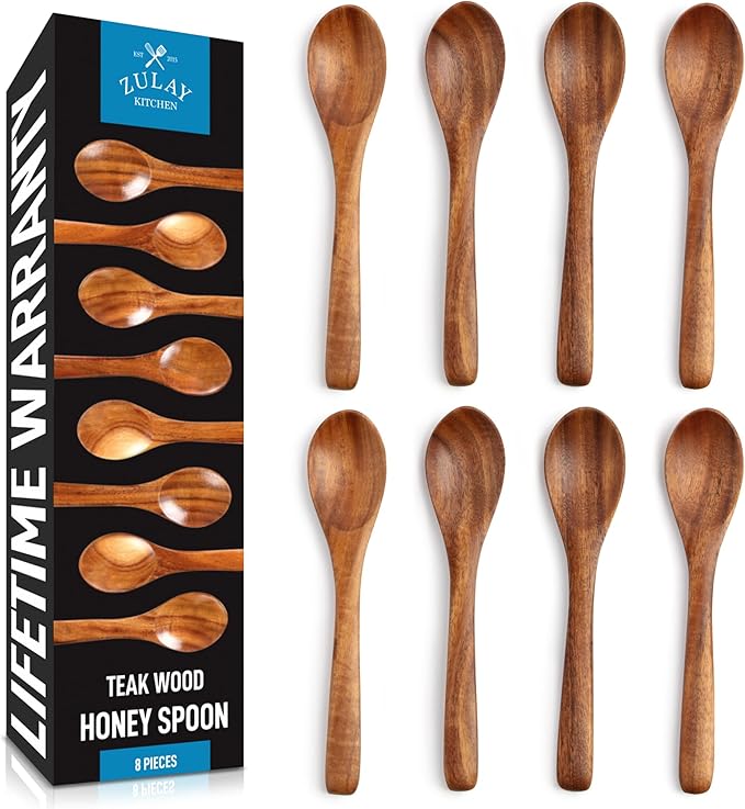 Zulay Kitchen Teak Wood Small Honey Spoons Set – 8 Piece Mini Wooden Honey by ZulayKitchen