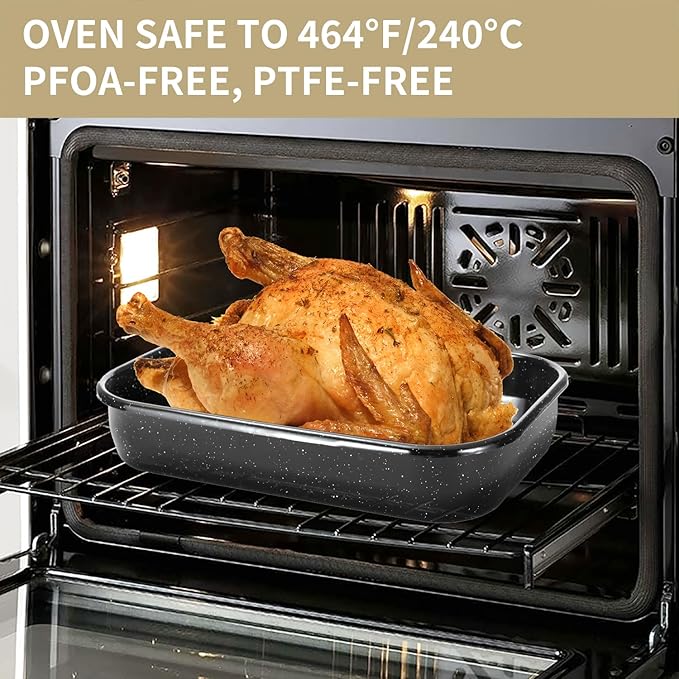 Roasting Pan with Rack, 16 x 11 Inch Rectangular Roasting Pan, 20lb Turkey