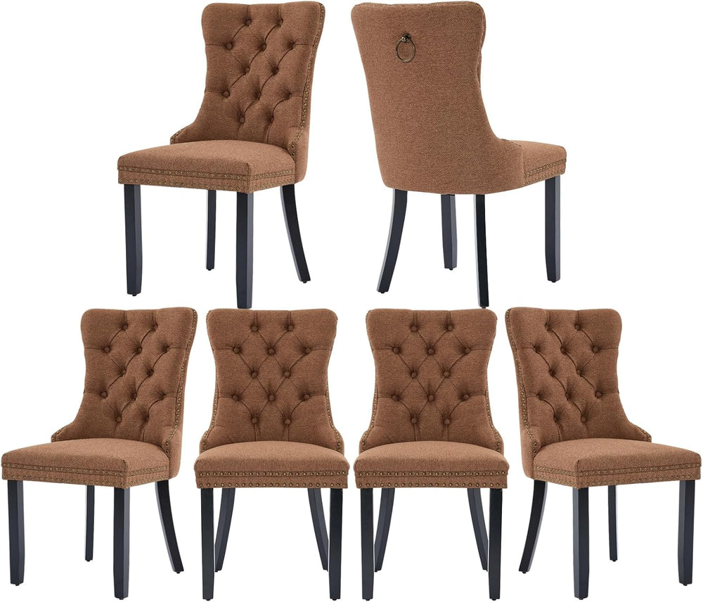 Brown Dining Chairs Set of 6, Upholstered Tufted Linen Fabric Dining Room Cha...