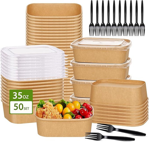 50-Pack 35oz Disposable Kraft Paper Bowls【with Lids and Forks】, Large Meal Prep by DIQIUREN