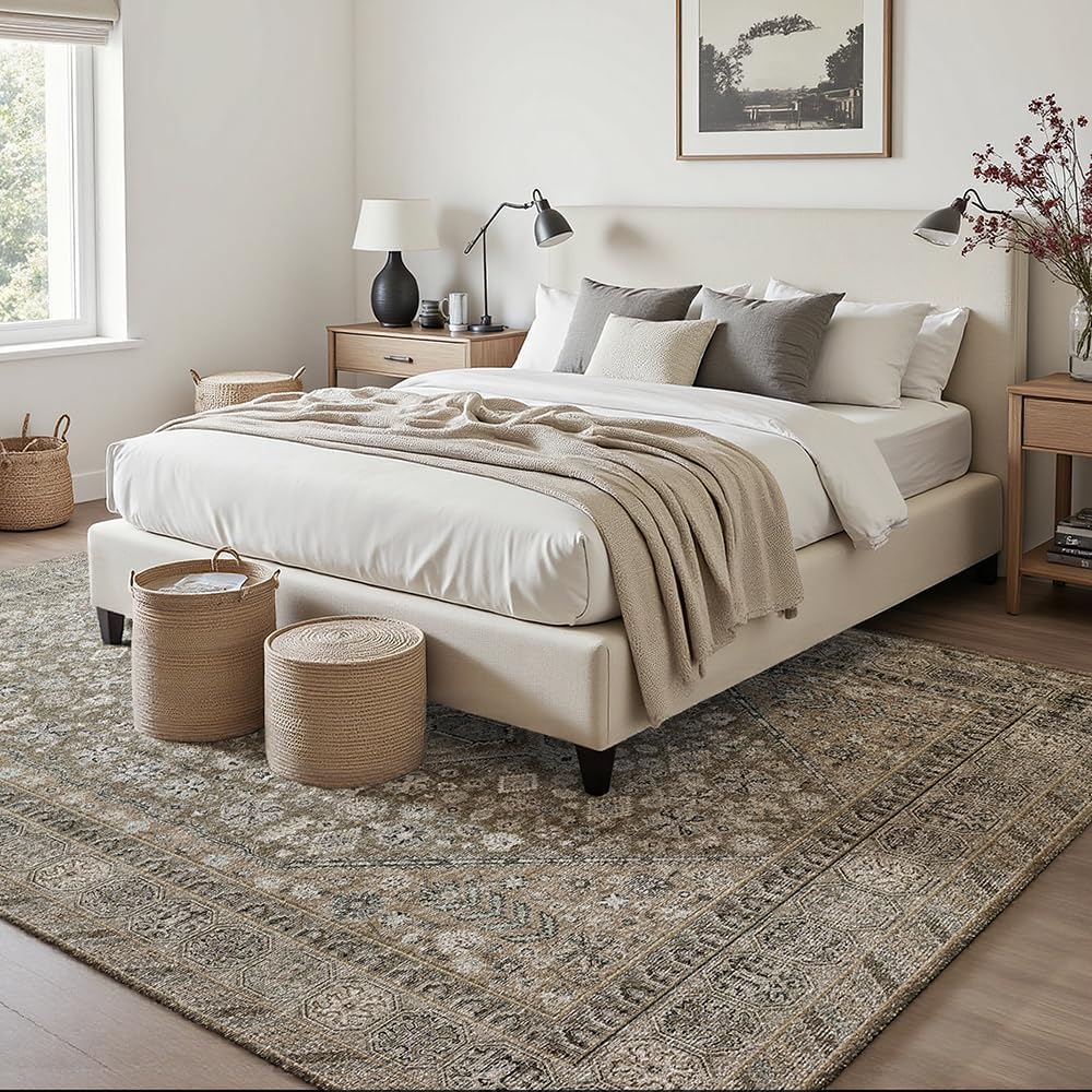 6x9 Beige Brown Washable Area Rug for Living Room, Vintage Print