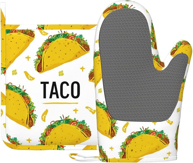 Taco Time Heat-Resistant Oven Mitts and Pot Holder Kitchen Non-Slip Silicone by Unknown