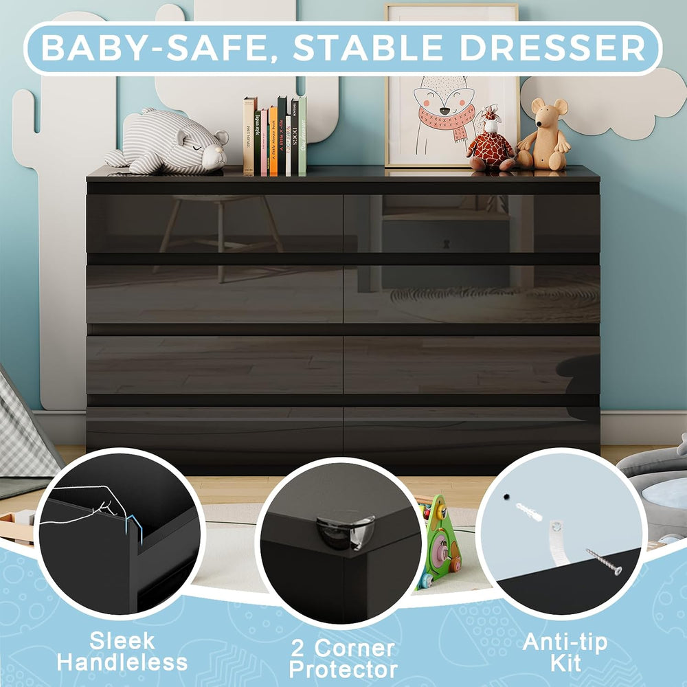 8 Drawer Dresser Black 55" Wide Multi-Functional Storage Organizer