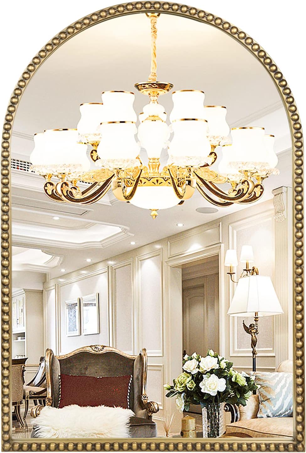 Arched Wall Mirror for Bathroom, 30"x40" Metal Beaded Frame Decorat...