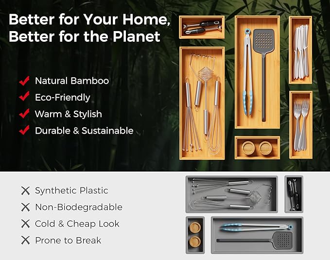 Bamboo Kitchen Drawer Organizer Boxes – 14" x 5" Stackable Wood Silverware - Image 6