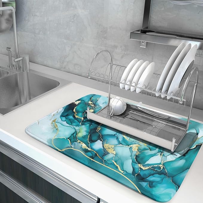 Giwawa Teal Marble Dish Drying Mat Turquoise Blue Marbling Print Dish Drainer - Image 5