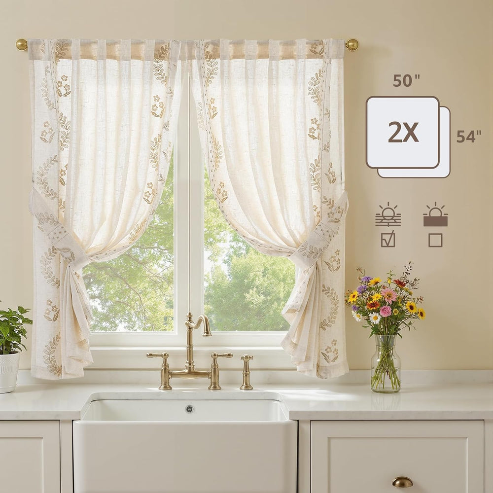 jinchan Beige Floral Linen Kitchen Tier Curtains 50x54 Inch 2 Panels