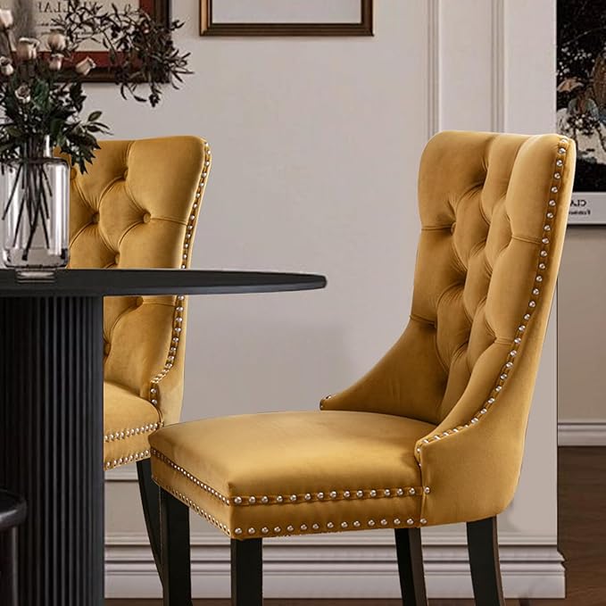 Velvet Upholstered Dining Chairs Set of 2, Modern Style Kitchen Side Chairs w...