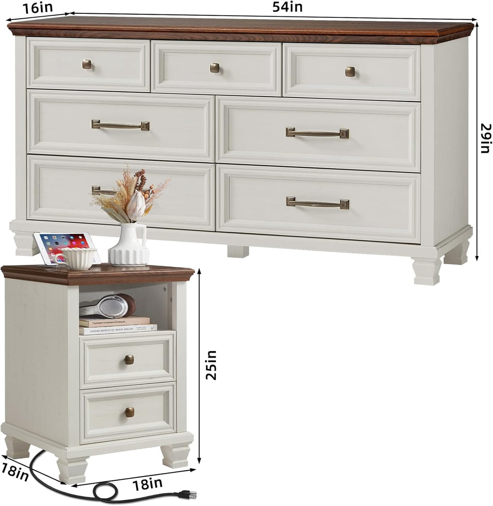 SAVOR LIFE Farmhouse Dresser and Nightstand Sets 3 Piece, White