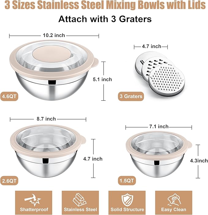 E-far Mixing Bowls with Lids and Graters, Stainless Steel Salad Mixing Bowl - Image 5