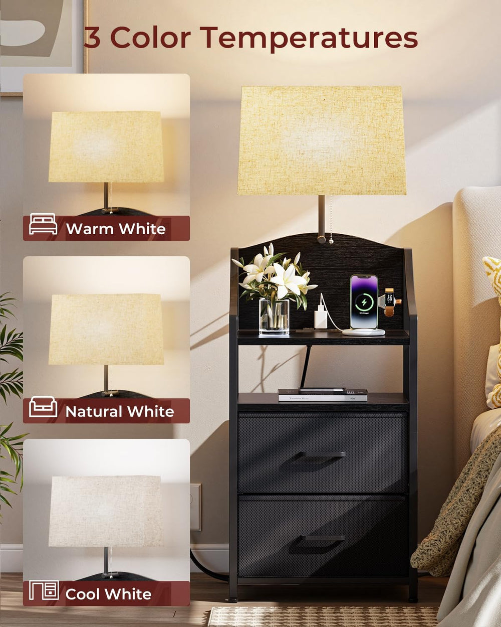 Evermagin 45" Tall Nightstands Set of 2 with Light & Charging Station