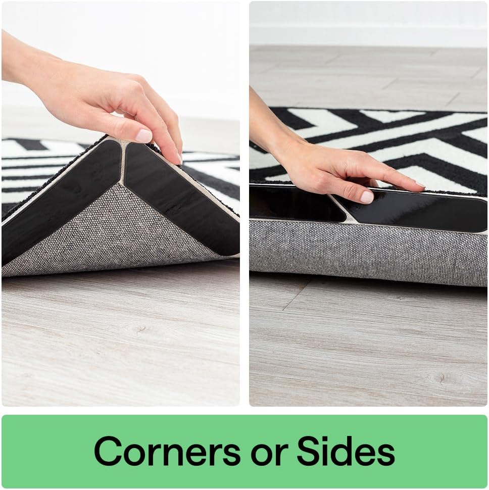 GORILLA GRIP® Rug Grippers, Extra Long Reusable Double-Sided Adhesives Pads Keep Area Rugs Corners Flat, Grips Hardwood, Tile and Laminate Floors, Renter Friendly, Holds Down Carpet in Place, 8 Pcs