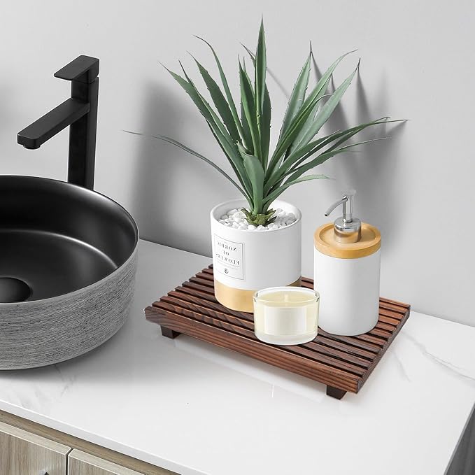 Renawe Farmhouse Bathroom Counter Tray Wood Display Pedesta Stand Kitchen - Image 3
