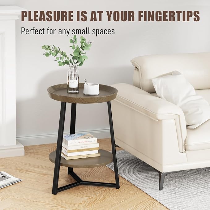 Gadroad Round End Table with Storage Shelf, 2 Tier Farmhouse Side Table Night...