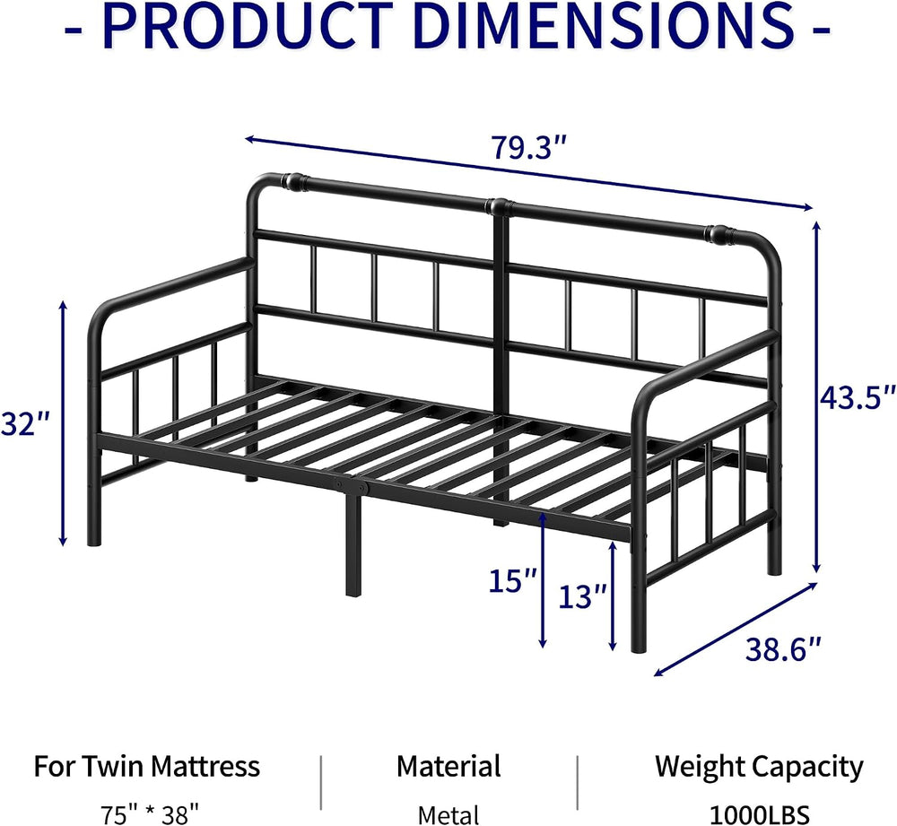 14 Inch Daybed-Frame, Twin-Daybed with Classic-Headboard (Black)