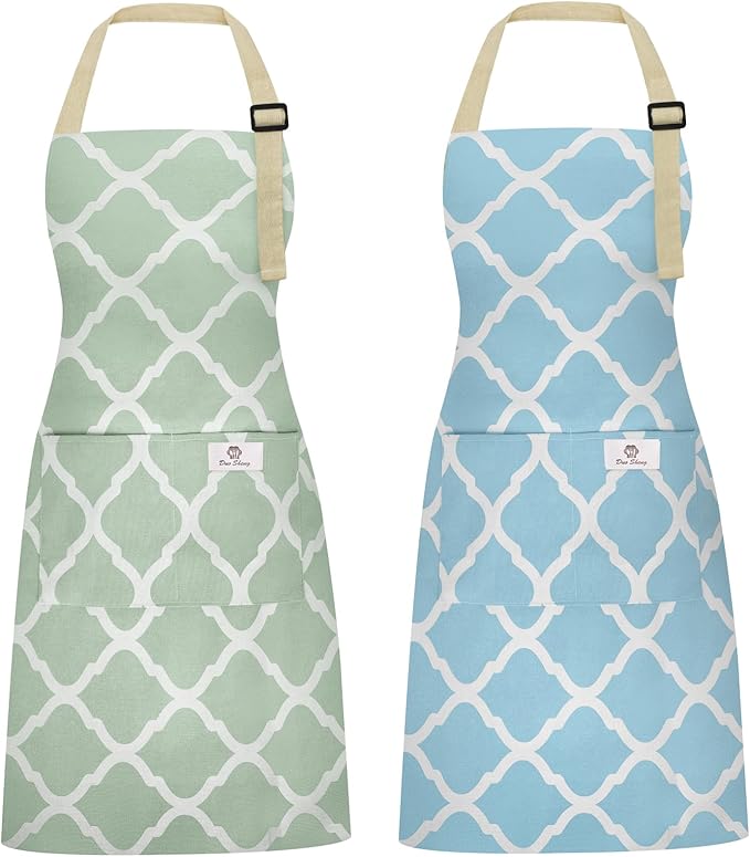 2 Pieces Aprons for Women with Pockets, Cotton Linen Waterproof Kitchen Cooking by Riqiaqia