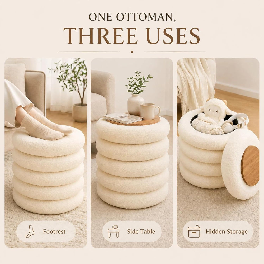 Wimarsbon Round Storage Ottoman, Modern Sherpa Footstool, Teddy Vanity Stool ...
