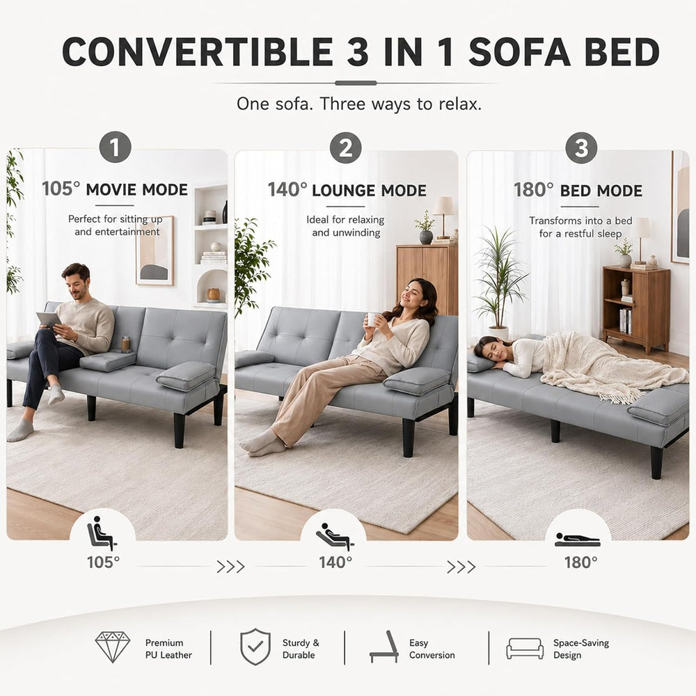 67"Modern Futon Sofa Bed,Convertible 3 in 1 Sleeper Bed Couches with Adj...