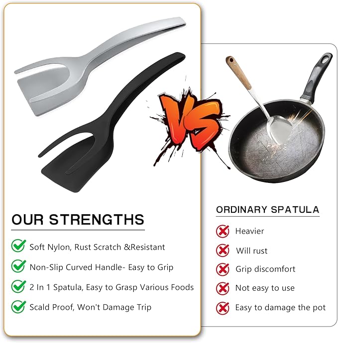 Egg Flipper Spatula 2 in 1 Grip and Flip Spatula Tongs Egg Spatula Flipper Made - Image 2