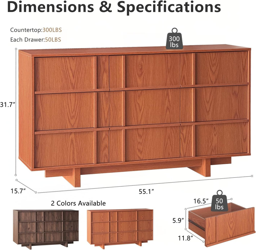 9 Drawer Dresser and Nightstand Set 3 Piece, Skeleton Line,Cherry