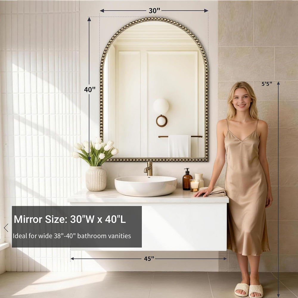 Beaded Arched Mirror for Wall, 30"x40" Gold Arch Brass Bathroom Mir...
