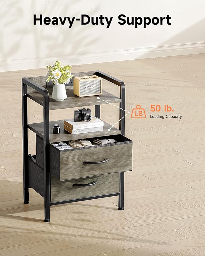 Night Stand Bedside Charger Bedroom - Grey Nightstand with Charging Station &...