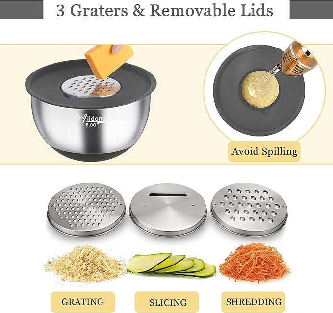 Wildone Mixing Bowls with Airtight Lids, 3 Grater Attachments, Measurement - Image 3