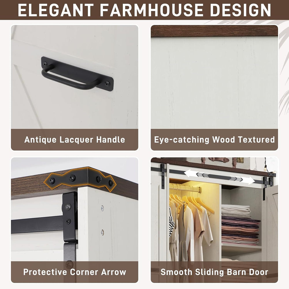 Farmhouse 4 Doors Armoire Wardrobe Closet w/Folding Sliding Barn Door and Lig...