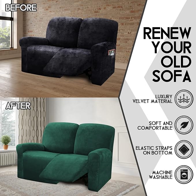 ULTICOR Reclining Love Seat Slipcover, 6-Piece Velvet Stretch Loveseat - Image 5