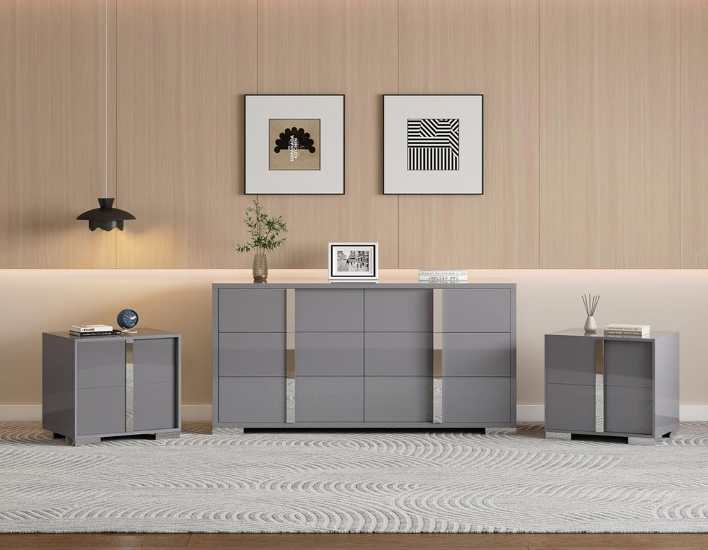 AMERLIFE 3-Piece Bedroom Set with 6-Drawer Dresser & 2 Nightstands, Grey