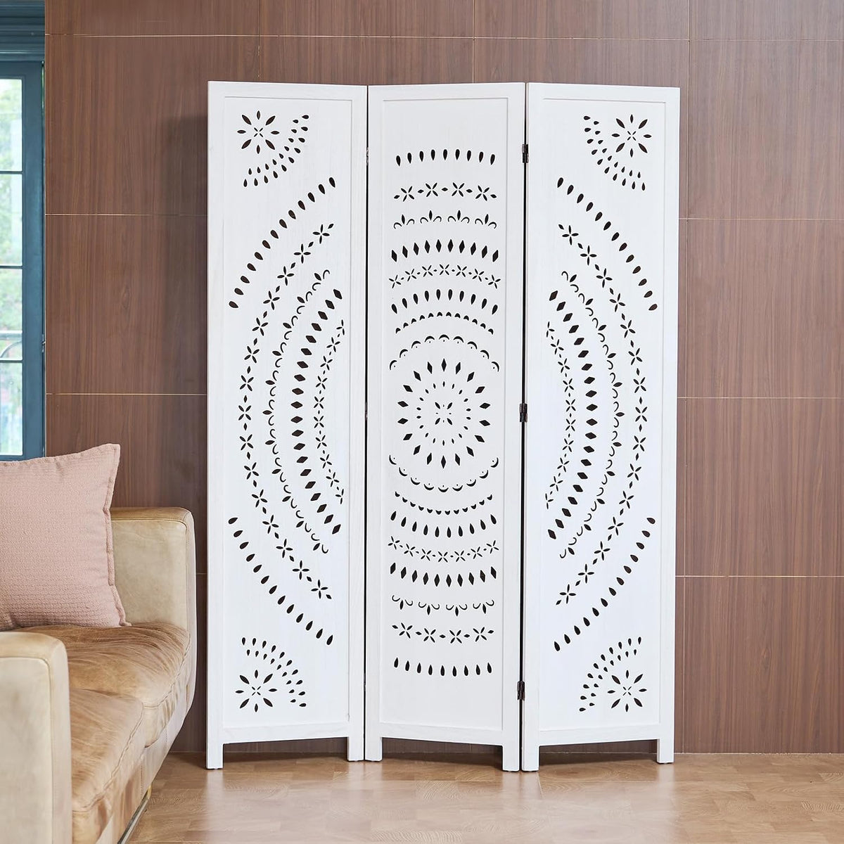 66.9inch folding room divider, 3 panels wood carved shown in use