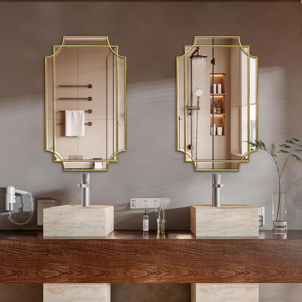 30x20 Inch Gold Bathroom Mirror, Wooden Frame with Scalloped Polished Beveled...