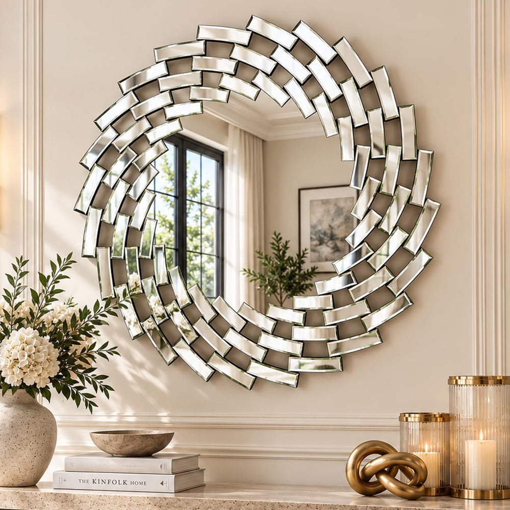 SHYFOY 32" Round Wall Mirror, Beveled Spiral Decorative Mirror
